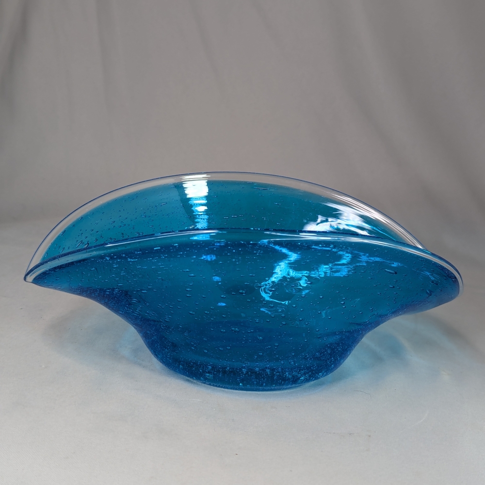 Vtg Blue Bubbled Glass Bowl Art Oblong Candy Dish Flower Vase Fruit Bowl - Picture 9 of 16